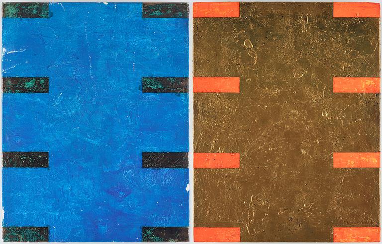 Gordon Hart, signed and dated 1984 on verso. Diptych. Gesso, silver leaf and metal leaf on panel.