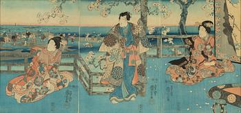 UTAGAWA KUNIYOSHI (1797/98-1861), triptyk, färgträsnitt. Japan, 1800-tal.