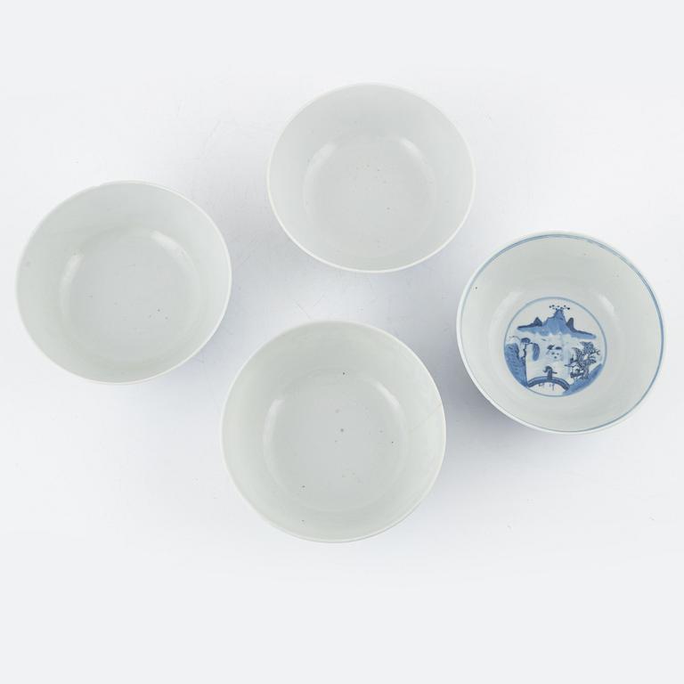 A set of four Chinese blue and white bowls, Qing dynasty, 19th century.