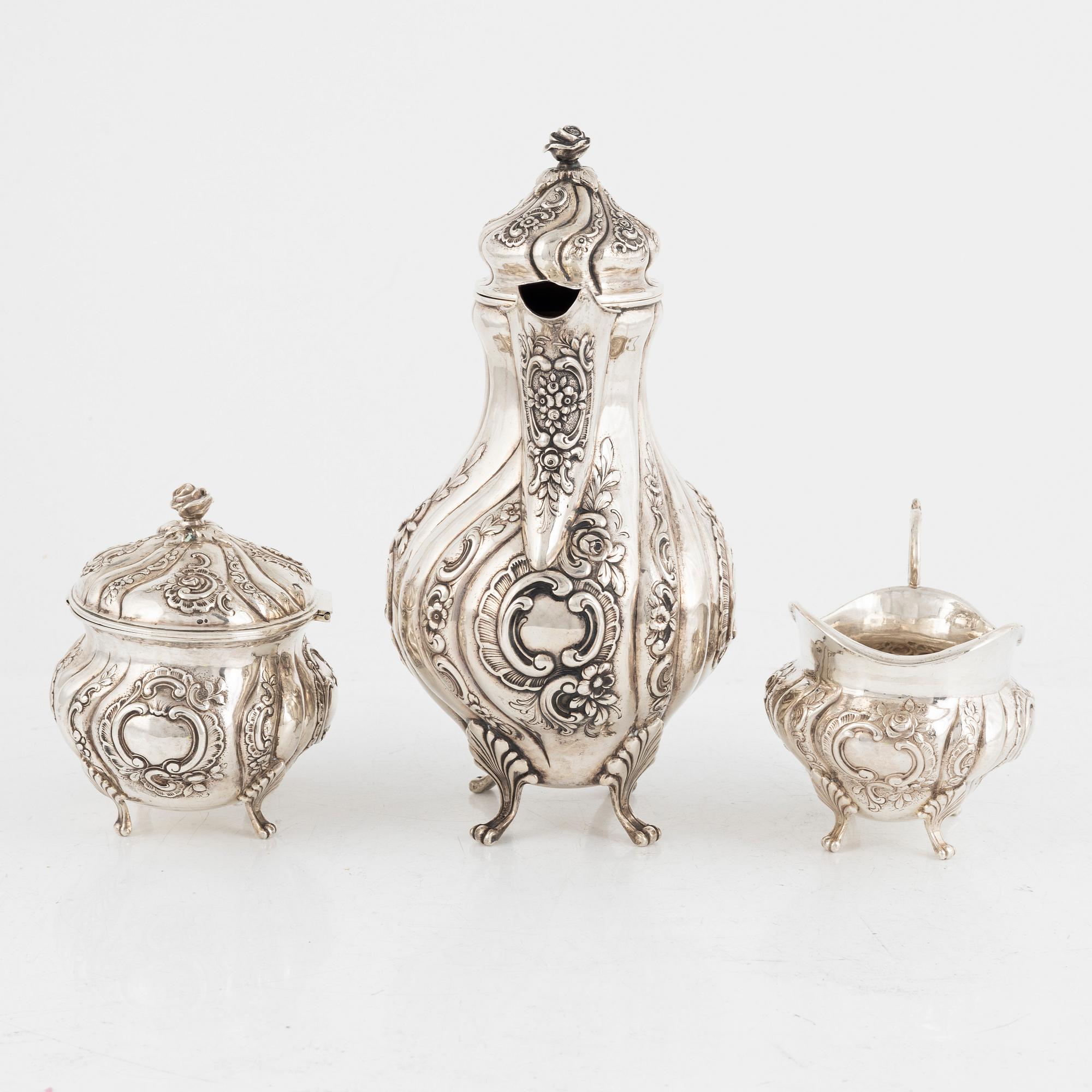A 3-piece Rococo style silver 830 coffee service, Swedish import marks, 20th Century.