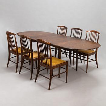 Kerstin Hörlin-Holmquist, A set of six Charlotte chairs with a dining table by Asko, Finland, 1970s.