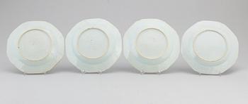 A set of four famille rose and blue and white export porcelain plates, Qing dynasty, Qianlong (1736-95).
