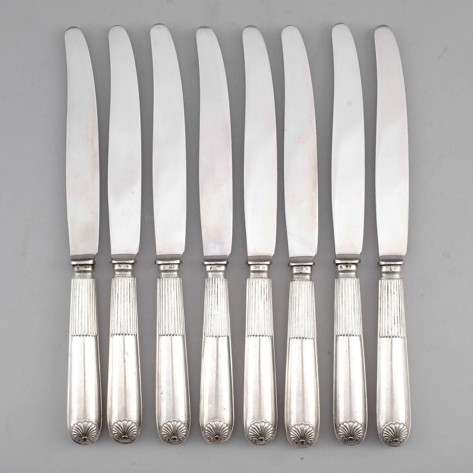 MATKNIVAR, 12 st, silver, Johan Petter Grönvall, Stockholm 1832. Vikt med stålblad ca 900 g.