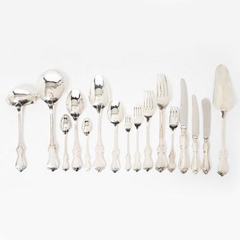 Bestickservis, silver, 112 delar, "Olga", mestadels GAB, Stockholm, 1956-1993.