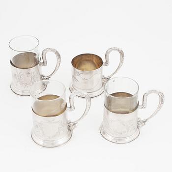 Four Russian silver tea glass holders, Moscow, mid 20-th century.