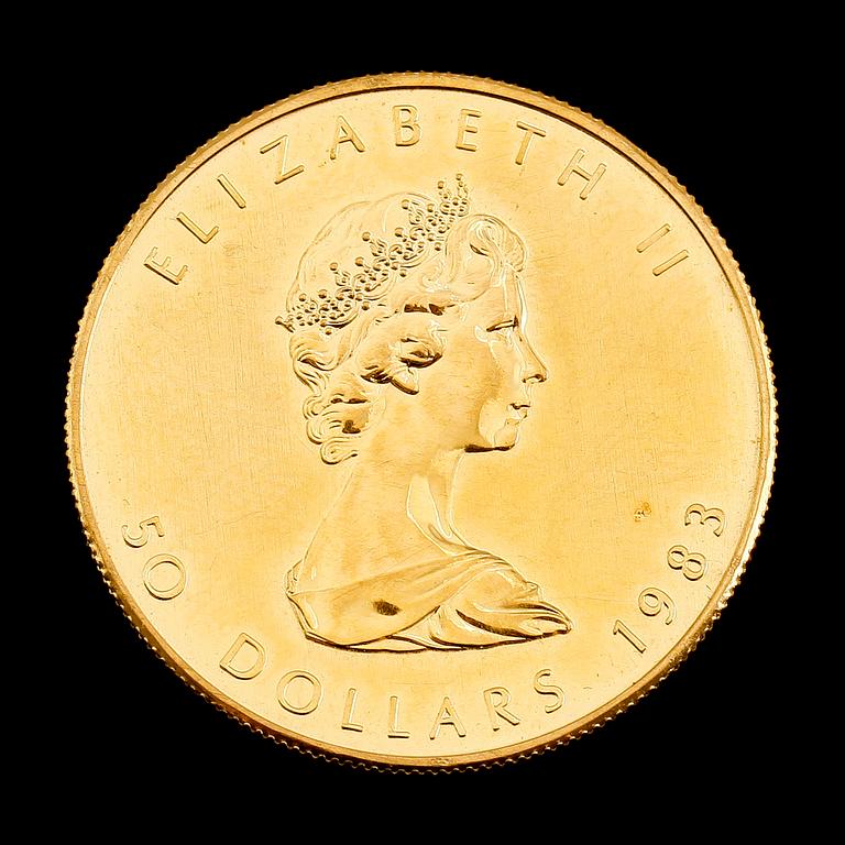 GULDMYNT, fine gold, 50 dollar, Elizabeth II, Canada, 1983. Vikt ca 31 gram.