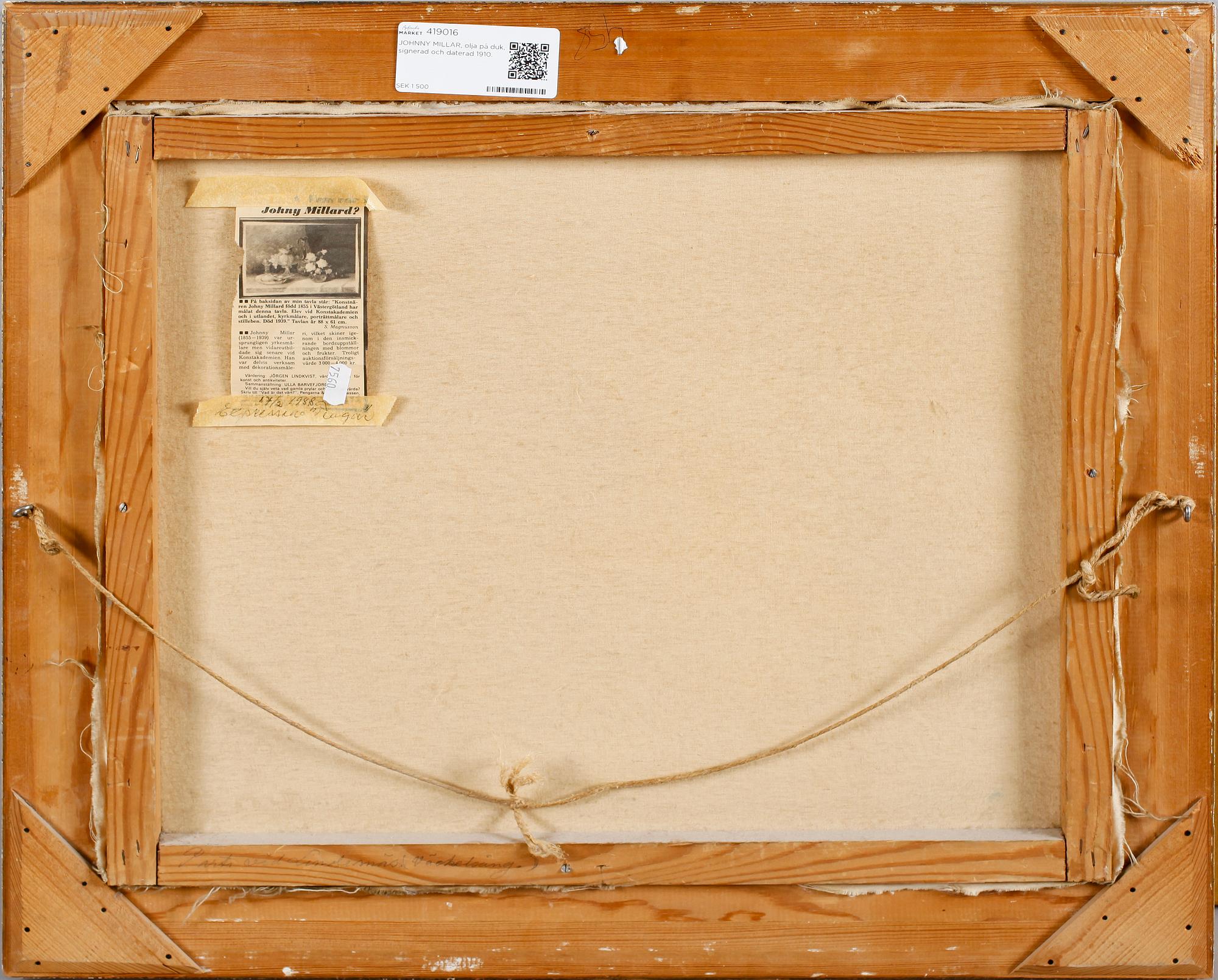 JOHNNY MILLAR, olja på duk, signerad och daterad 1910.