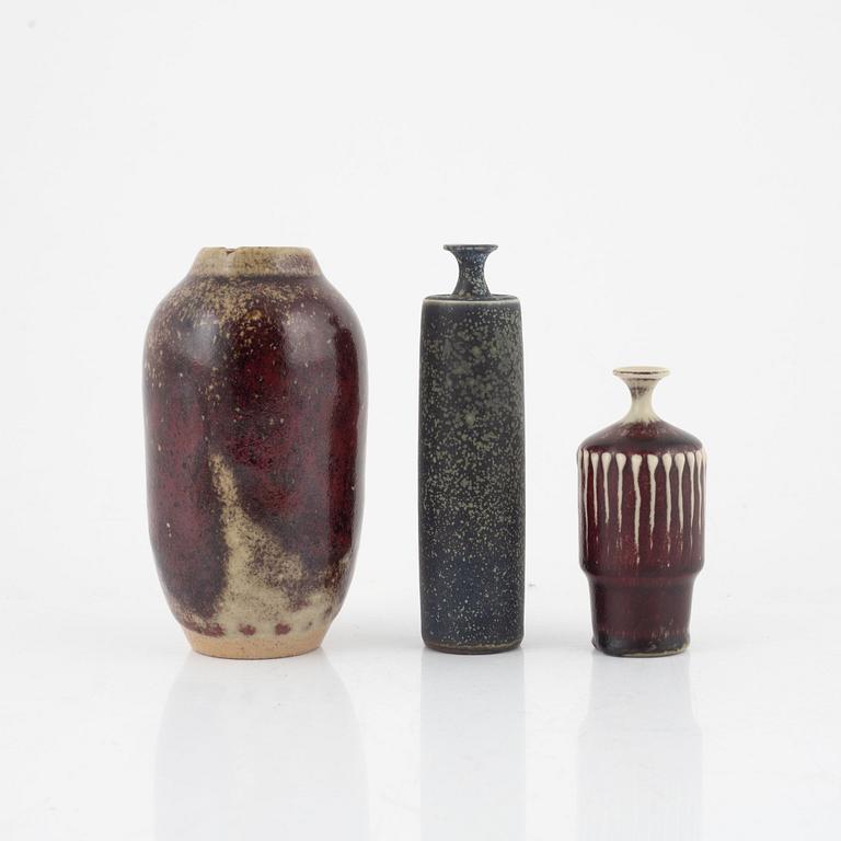Rolf Palm, two stoneware vases, Mölle, and one Hag Nilsson, stoneware vase, Höganäs, Sweden.