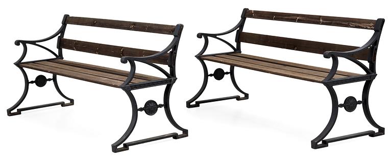 A pair of Folke Bensow cast iron park benches, Näfveqvarn.