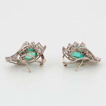 Cabochon-cut emerald and brilliant-cut diamond earrings.