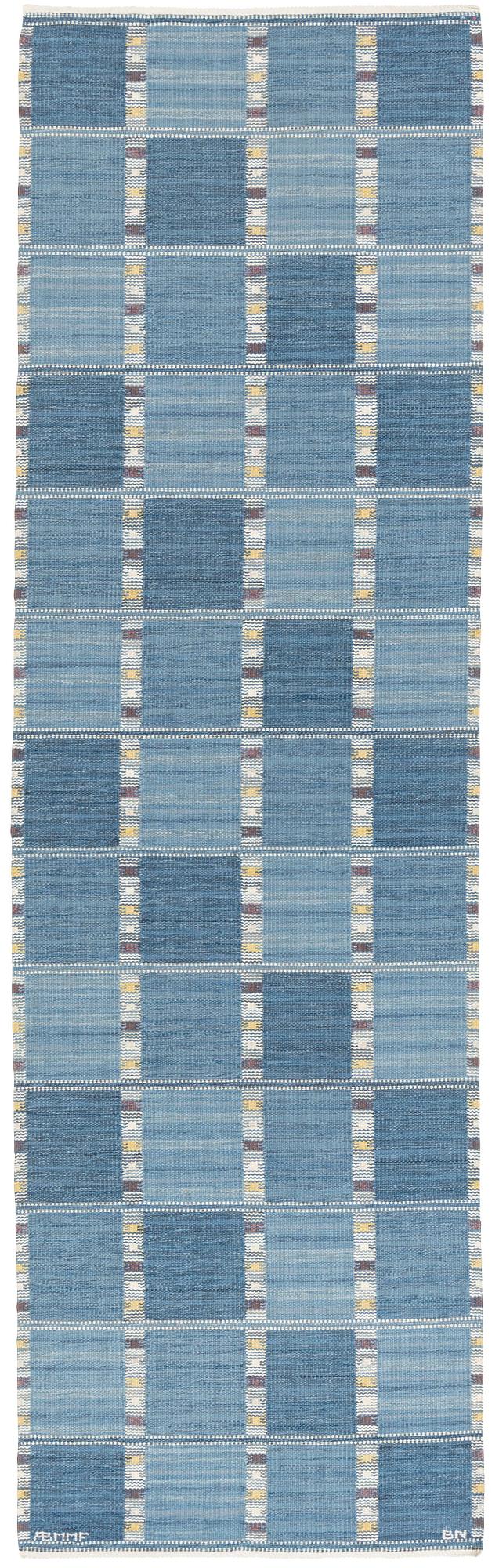 Barbro Nilsson, gallerimatta, "Falurutan blå", rölakan, ca 361 x 109 cm, signerad AB MMF BN.