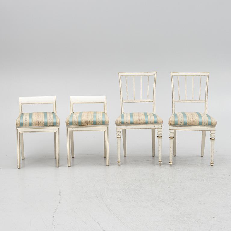 Chairs, a pair, and stools/tabourets, a pair, early 19th century.
