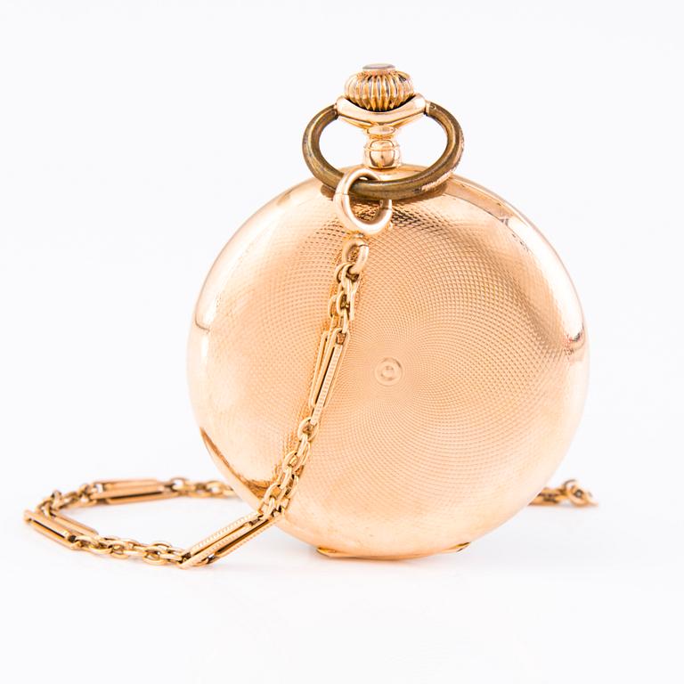 A 14 K gold pocket watch with chain, marked J. Calame Robert. Mid 20 th century. 55 mm.