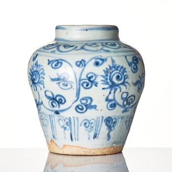 A small blue and white jar, Ming dynasty, circa 1500.