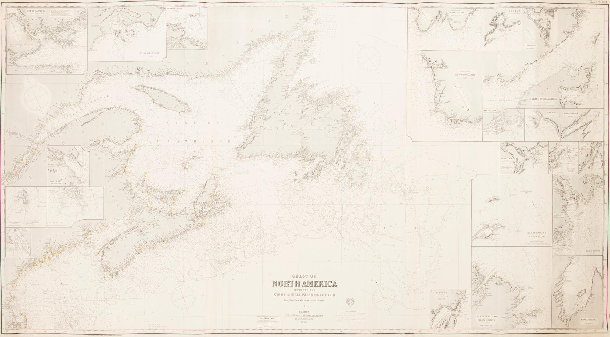 Nautical Chart of the 'Coast of North America between the Strait of Belle Island to Cape Cod', James Imray and Son 1890.
