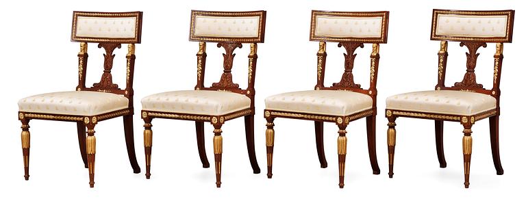 A Swedish late Gustavian-style seating circa 1900 (comprising four chairs, two armchairs, one sofa) and an Empire table.