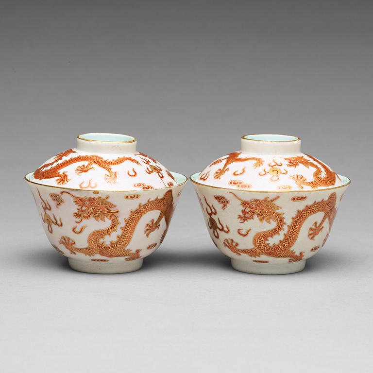 A set of two five clawed dragon cups with covers, China, early 20th Century with mark.