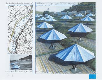 Christo & Jeanne-Claude, Offset in colours, with a collage of fabric, signed in pencil.