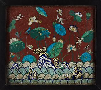 A framed cloisonne placque, Qing dynasty, circa 1800.