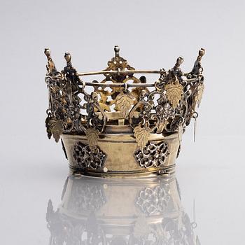 A Swedish early 19th century parcel-gilt silver bridal crown, mark of Erik Ramstedt, Härnösand 1801 and copper case.