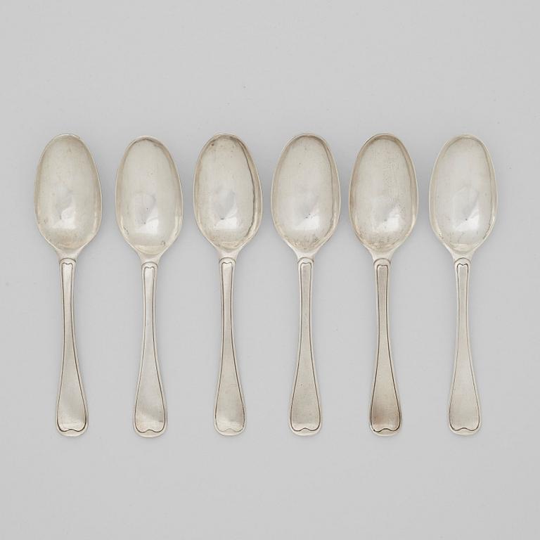 A set of six Swedish 18th century silver dinner-spoons, mark of Nild Dahl, Linköping 1760.