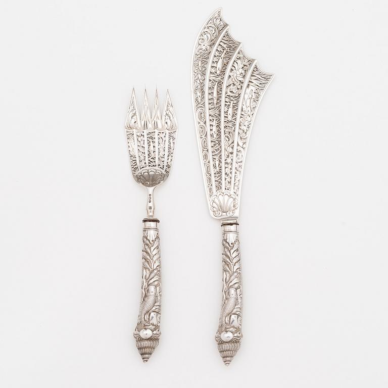 Fiskserveringsbestick, sterlingsilver, John Aldwinckle & Thomas Slater, London, 1889. I originaletui.