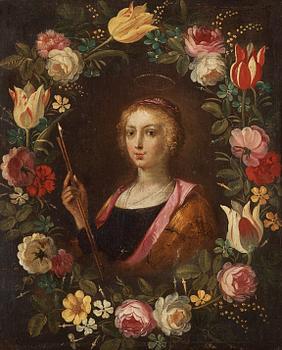 Philips de Marlier Follower of, Cartouche of flowers with a lady, possibly Saint Ursula.