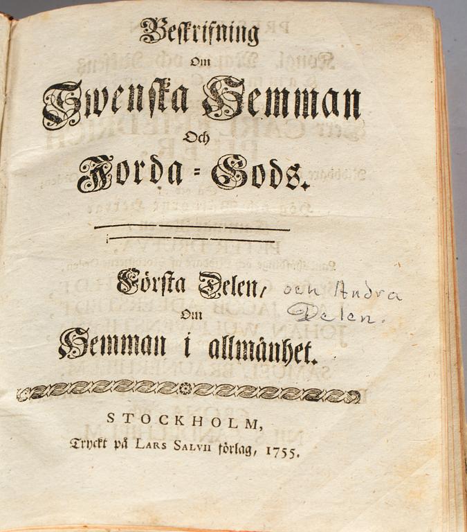 ANDERS BOTIN, "Beskrifning om swenska hemman och jorda-gods I-II" Tryckt hos Lars Salvis, Stockholm 1755.