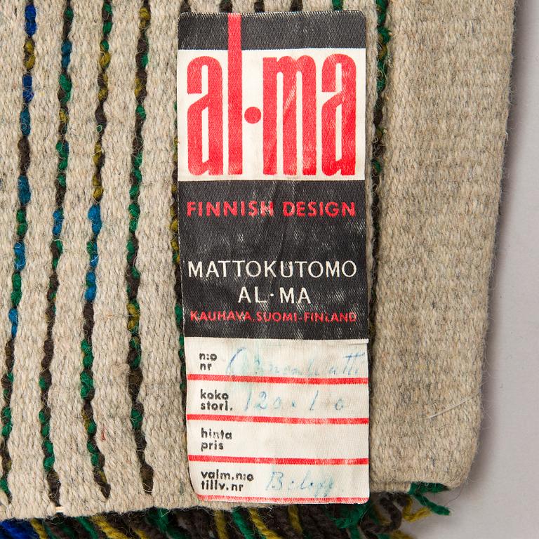 Susanna Beloff, ryijy, Alestalon Mattokutomo. Noin 170 x 110 cm.