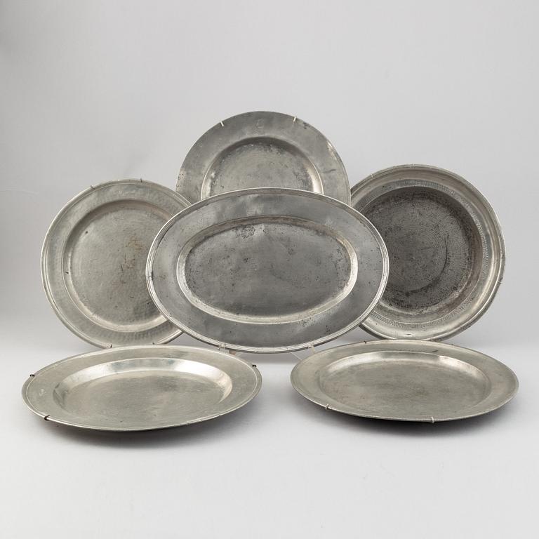 A group of six pewter dishes, different makers mark, most early 19th Century, Swedish/English.