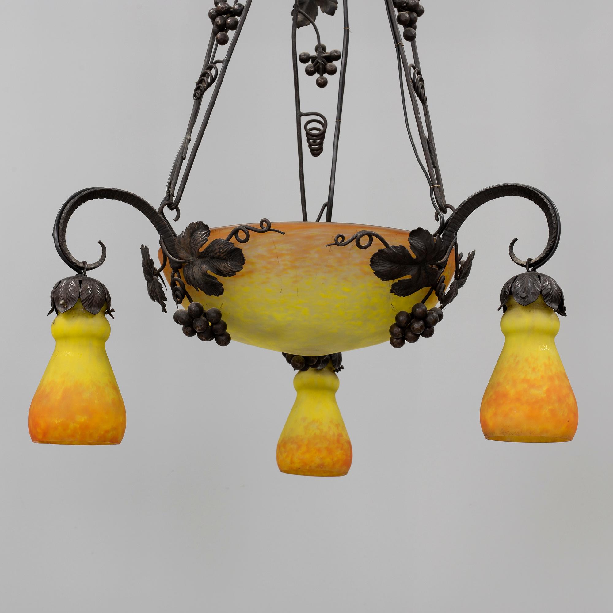 A Muller Croismare glass and metal ceiling lamp, Nancy, first half of 20th Century.