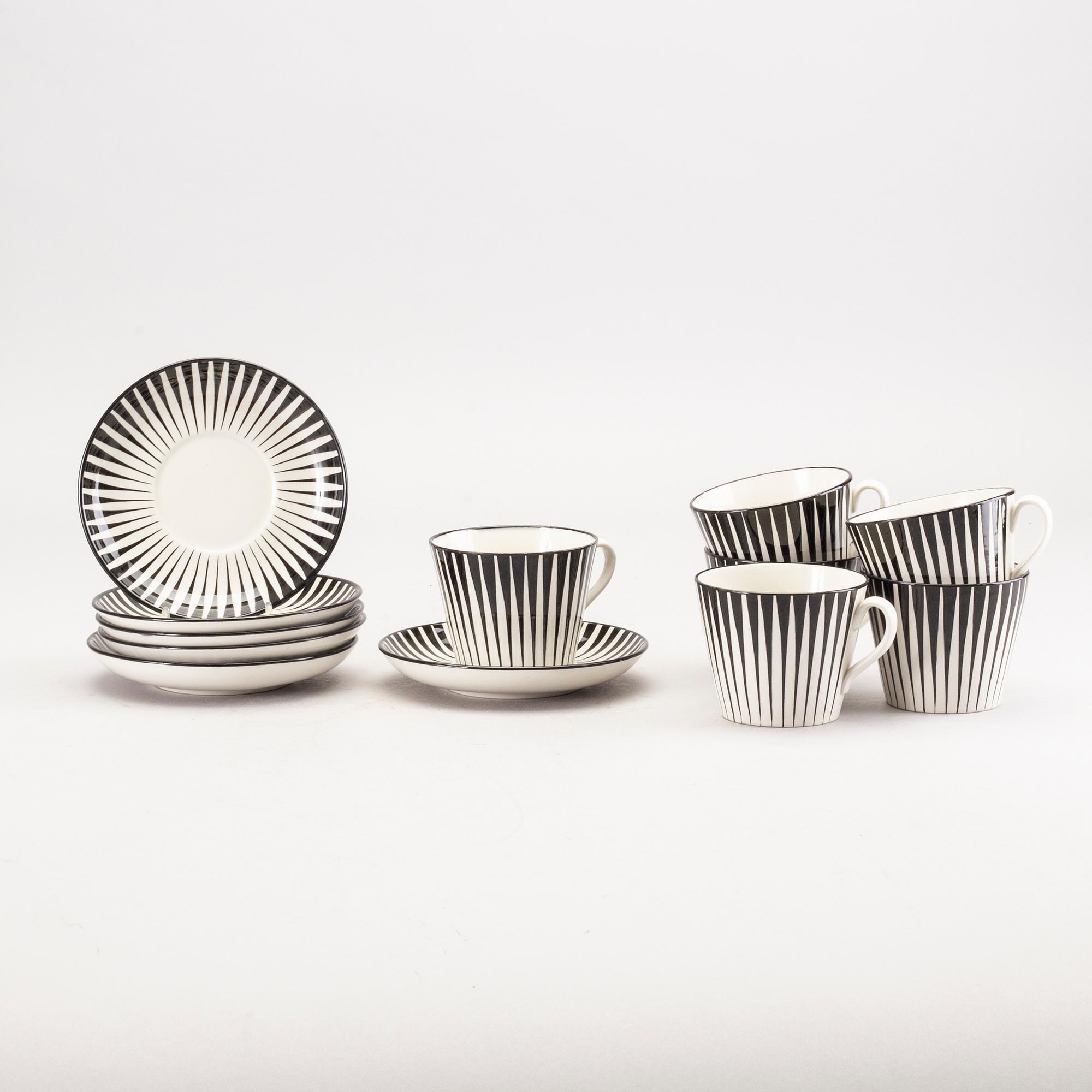 EUGEN TROST, 6 st tekoppar med fat,  stycken, flintgods, "Zebra", Gefle.