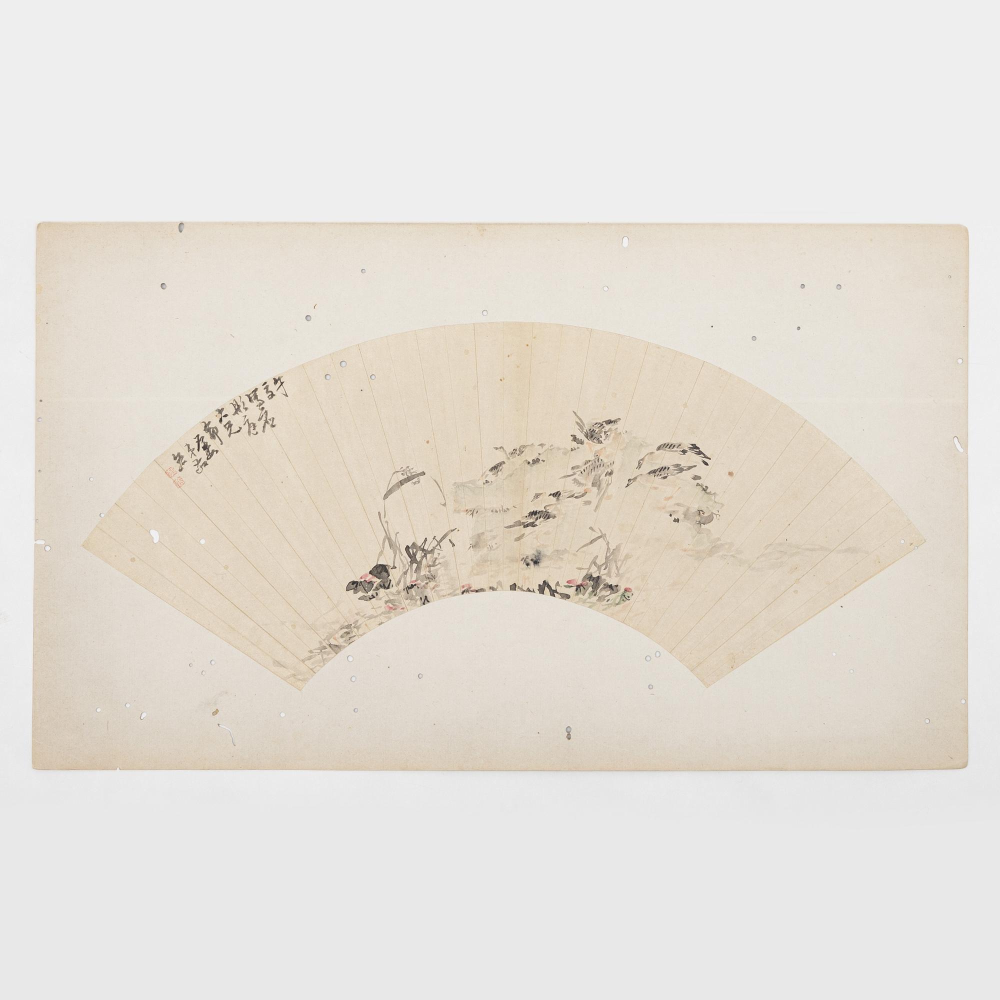 Oidentifierad konstnär, s.k. "Solfjädersmålning", Betande gäss, Kina, 1900-tal.