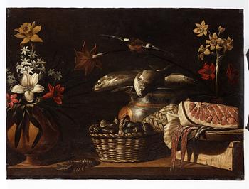 Giuseppe Recco Tillskriven, Stilleben med fiskar, musslor, kräfta och blommor.