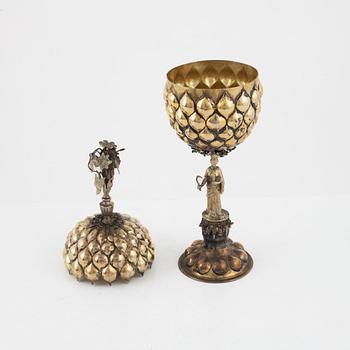 A German Baroque Style Parcel-Gilt Silver Pineapple Cup with Cover, circa 1900.