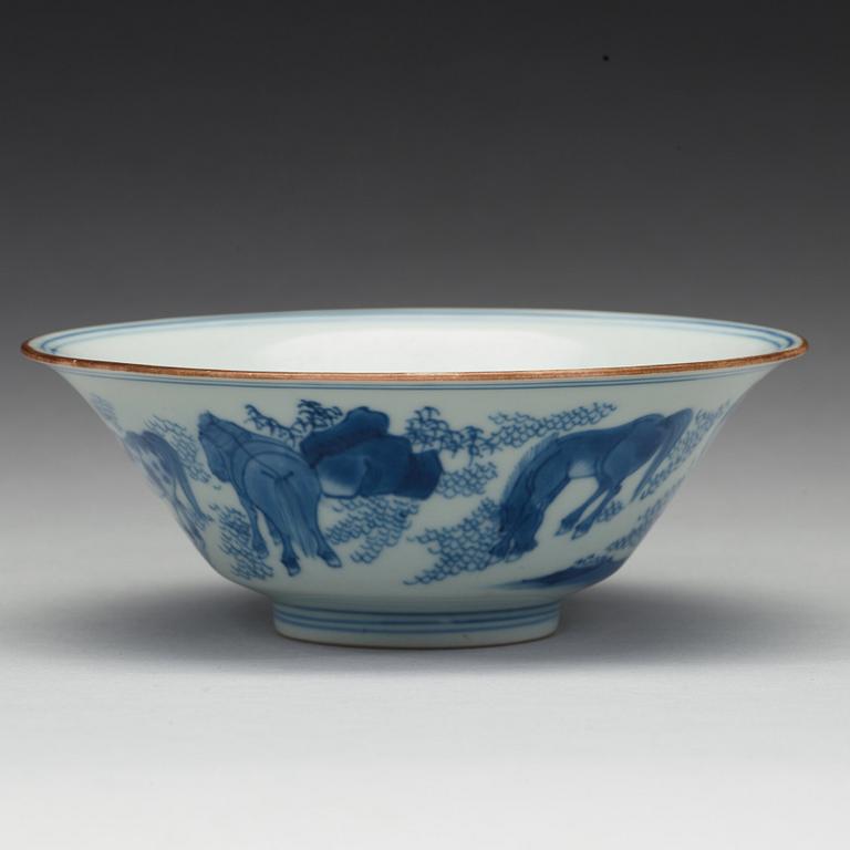 A blue and white bowl with 'General Mu's eight horses', Transition, 17th Century, with Jiajing six character mark.