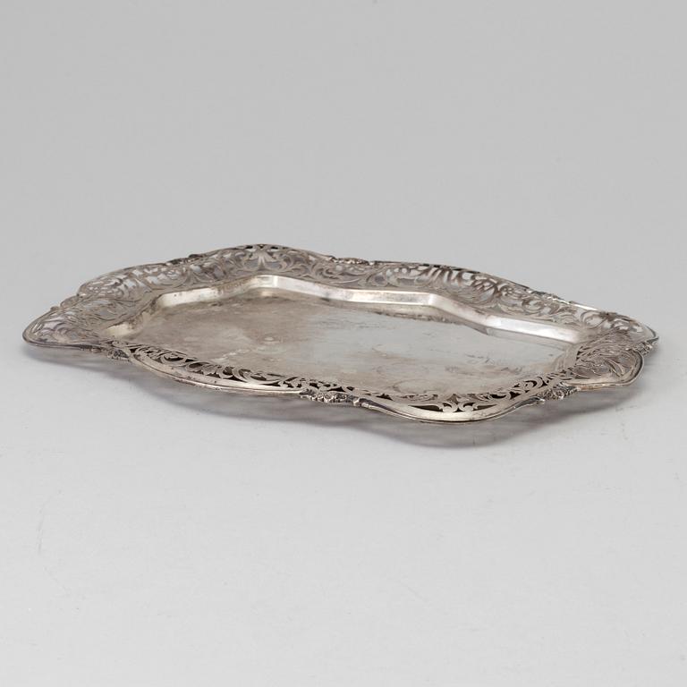 a silver tray from the middle of the 20th century, unidentified makers marks.