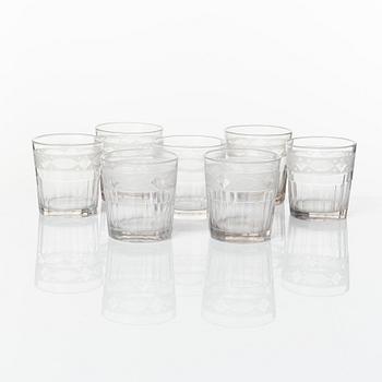 Karaff med 5 seltersglas, glas, Sverige ca 1850.