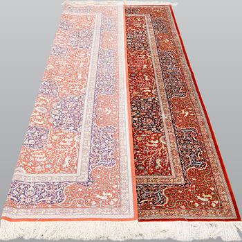A pictoral orietal silk rug, 246 x 153 cm.