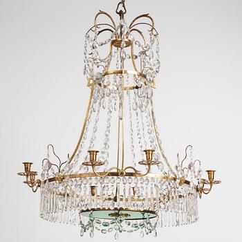 A German Louis XVI ormolu and cut-glass nine-light chandelier attributed to Johann Christoph Ermisch, late 18th century.