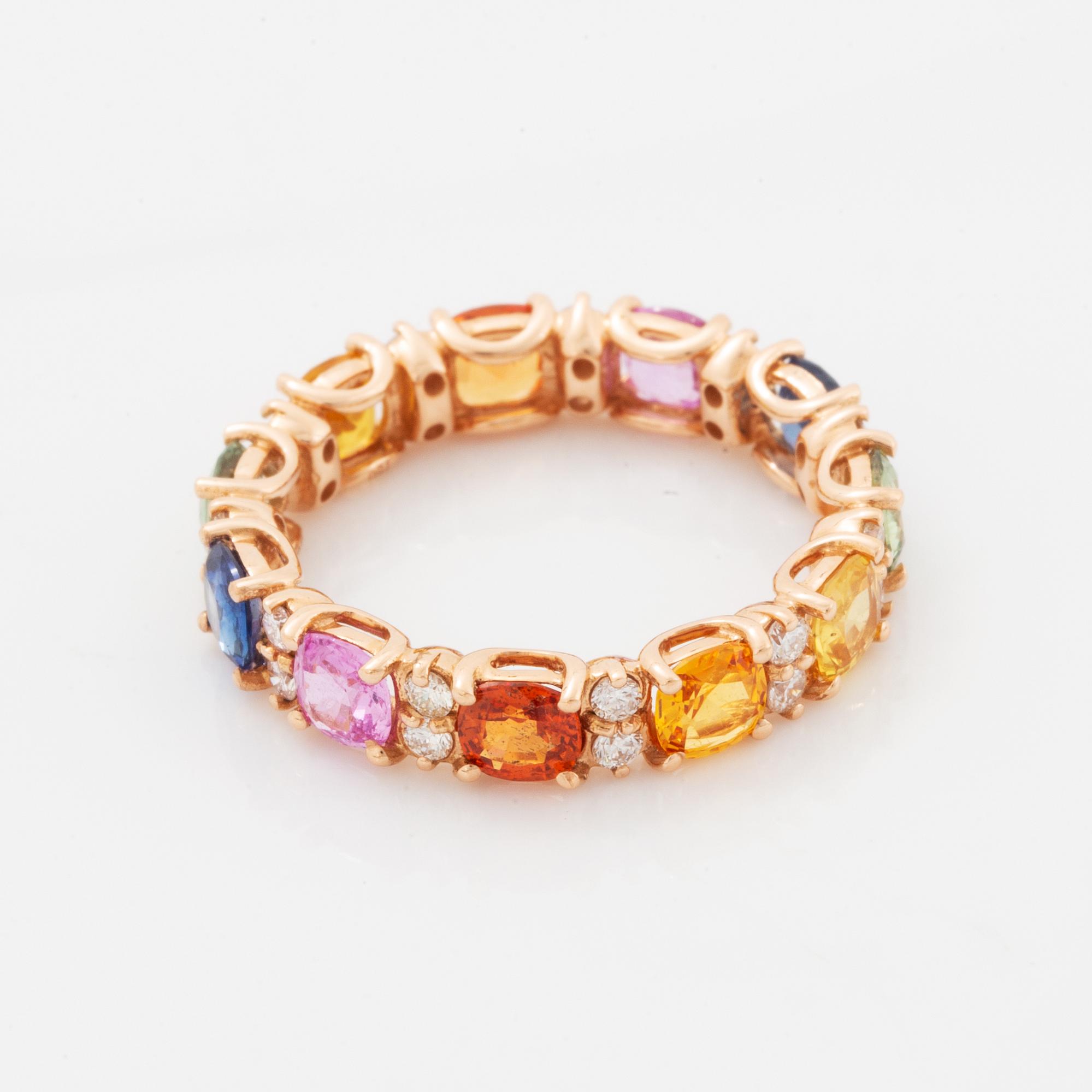 Multi coloured sapphire and diamond ring.
