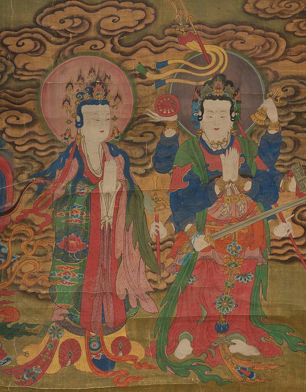 Two Chinese scroll paintings of Heavenly and Earthly Deities from the Water-Land Ritual, late Qing dynasty.