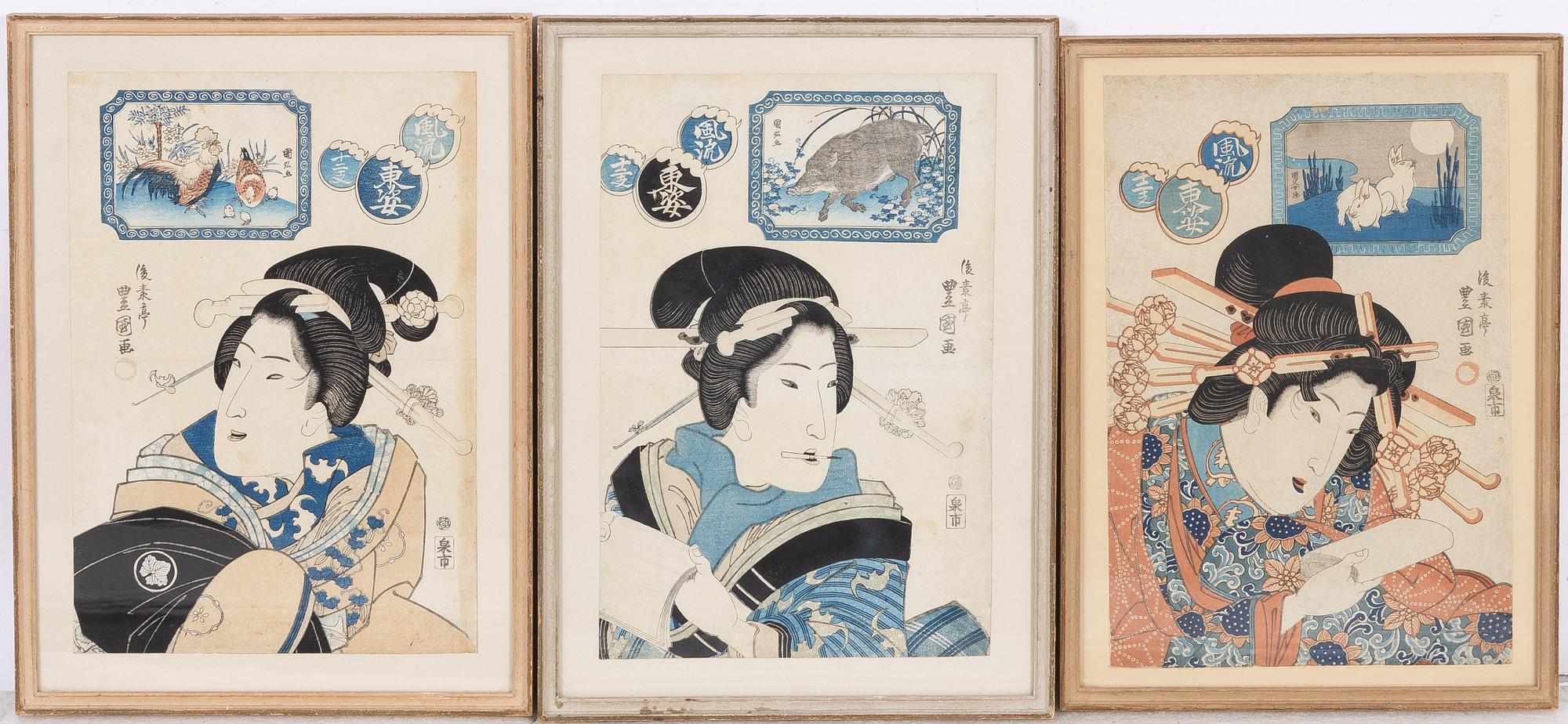 Utagawa Toyoshige Toyokuni II, three woodblock prints from the series "Comparison with Twelve Zodiac Signs".