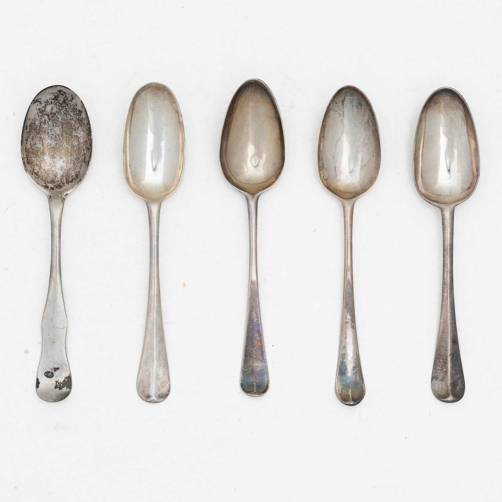 Five silver spoons, England and Sweden, 18th century.
