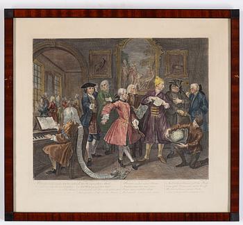 William Hogarth, efter, åtta stycken kolorerade etsningar och gravyrer.