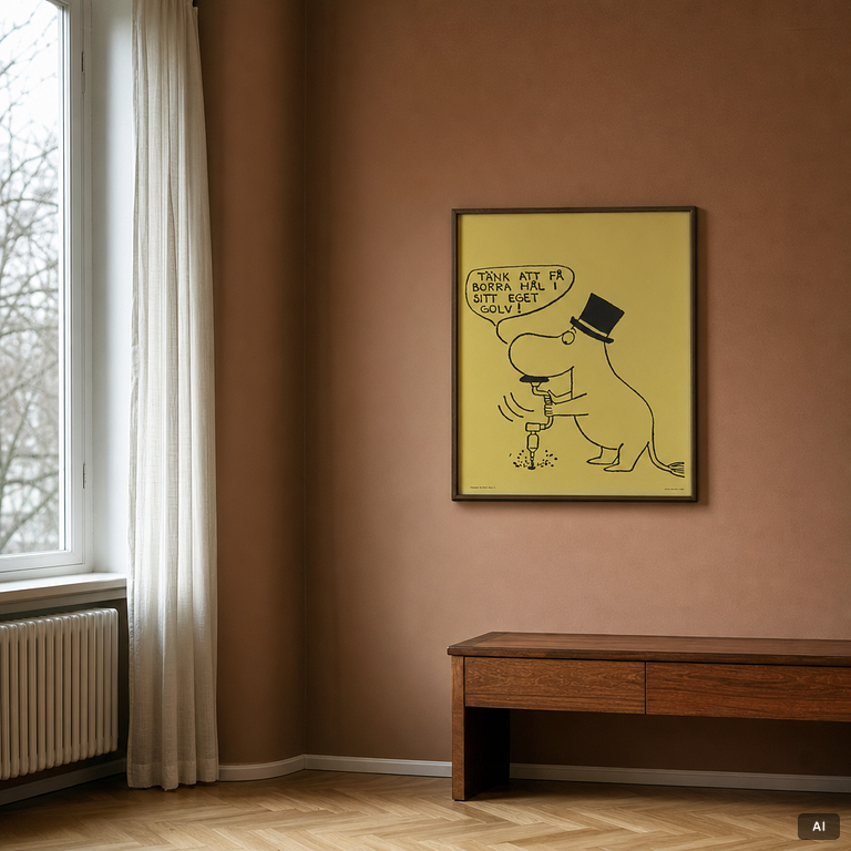 Mumin, Offsetaffisch, "Tänk att få borra hål i sitt eget golv".