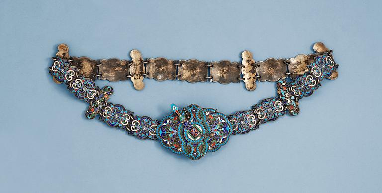 A RUSSIAN SILVER AND ENAMEL BELT, Makers mark possibly of  Gustaf Klingert, Moscow 1899-1908.