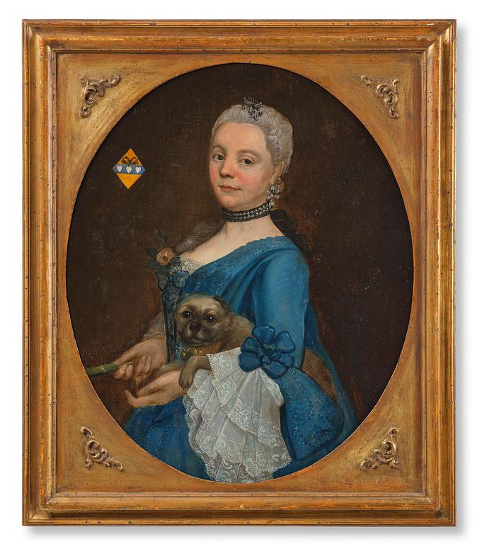 Unknown artist, 19th century, Noblewoman with a Dog, coat of arms featuring three hearts and a double-headed eagle.
