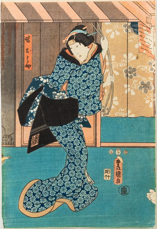 TOYOKUNI III (1786-1865), two color woodblock prints, Japan.