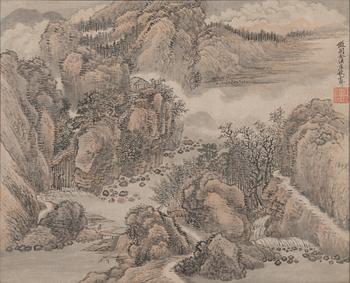 Träsnitt, 3 st, tusch och färg på papper, 2 signerade Wang Hui, efter, hans skola, omkring 1900.